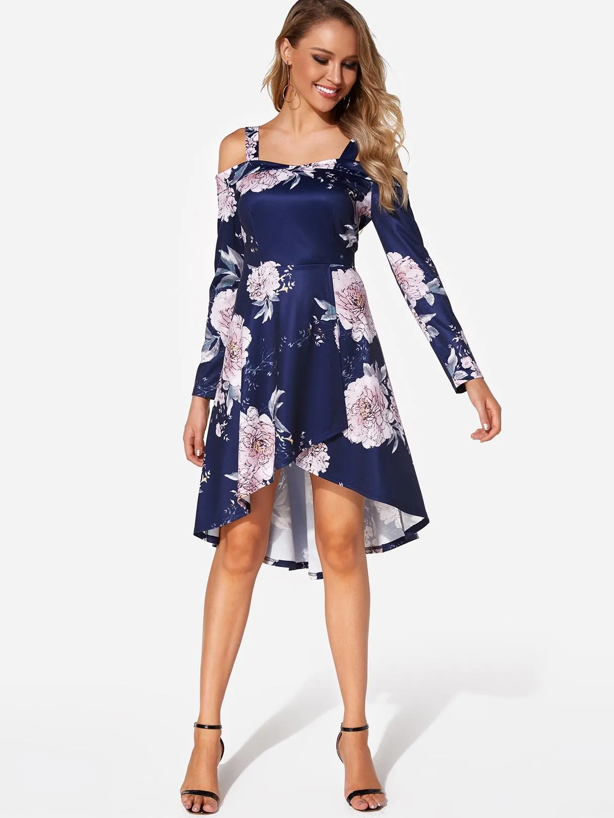 Wholesale Navy Cold Shoulder Long Sleeve Floral Print High-Low Hem Dresses