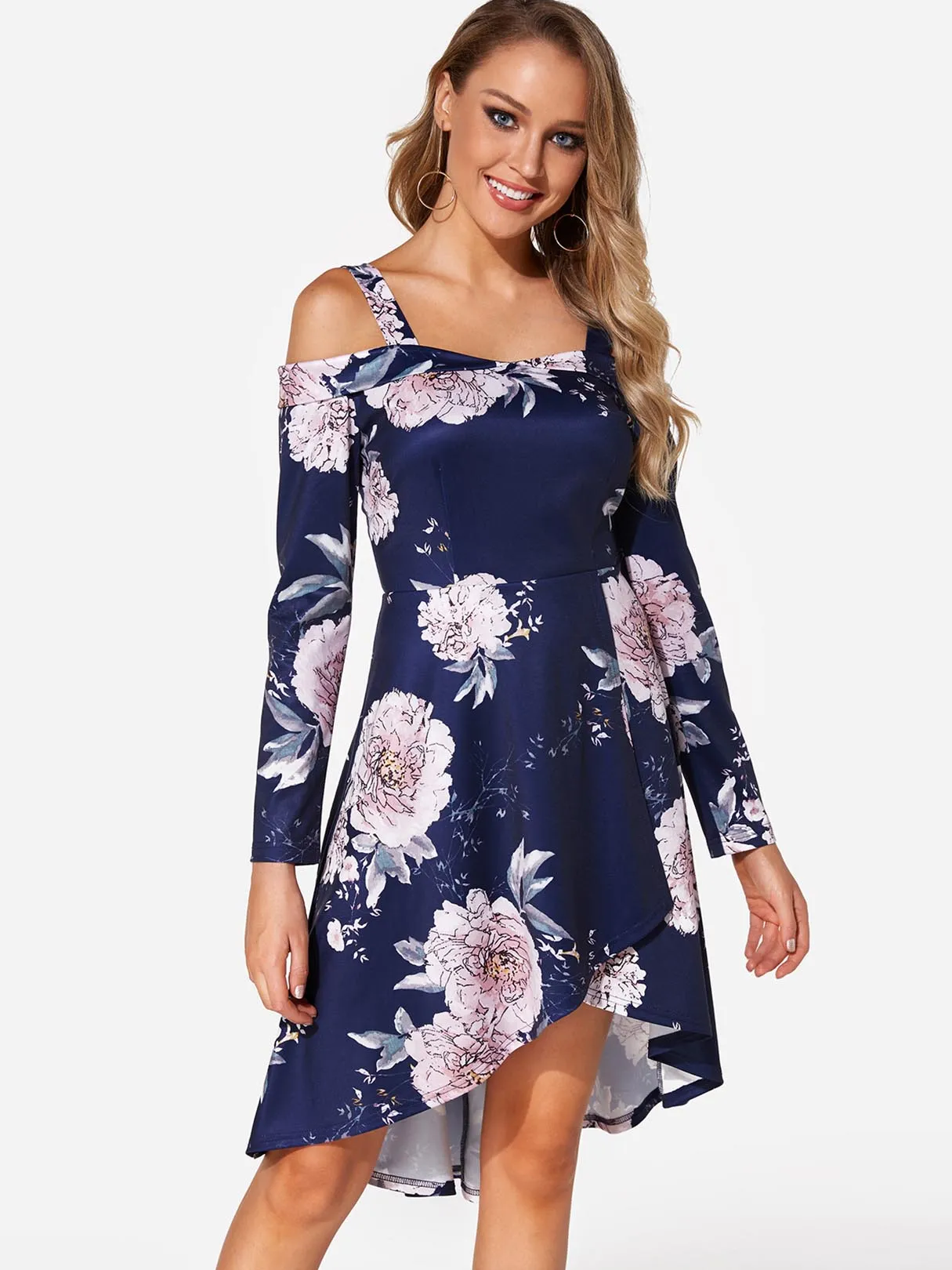 Wholesale Navy Cold Shoulder Long Sleeve Floral Print High-Low Hem Dresses