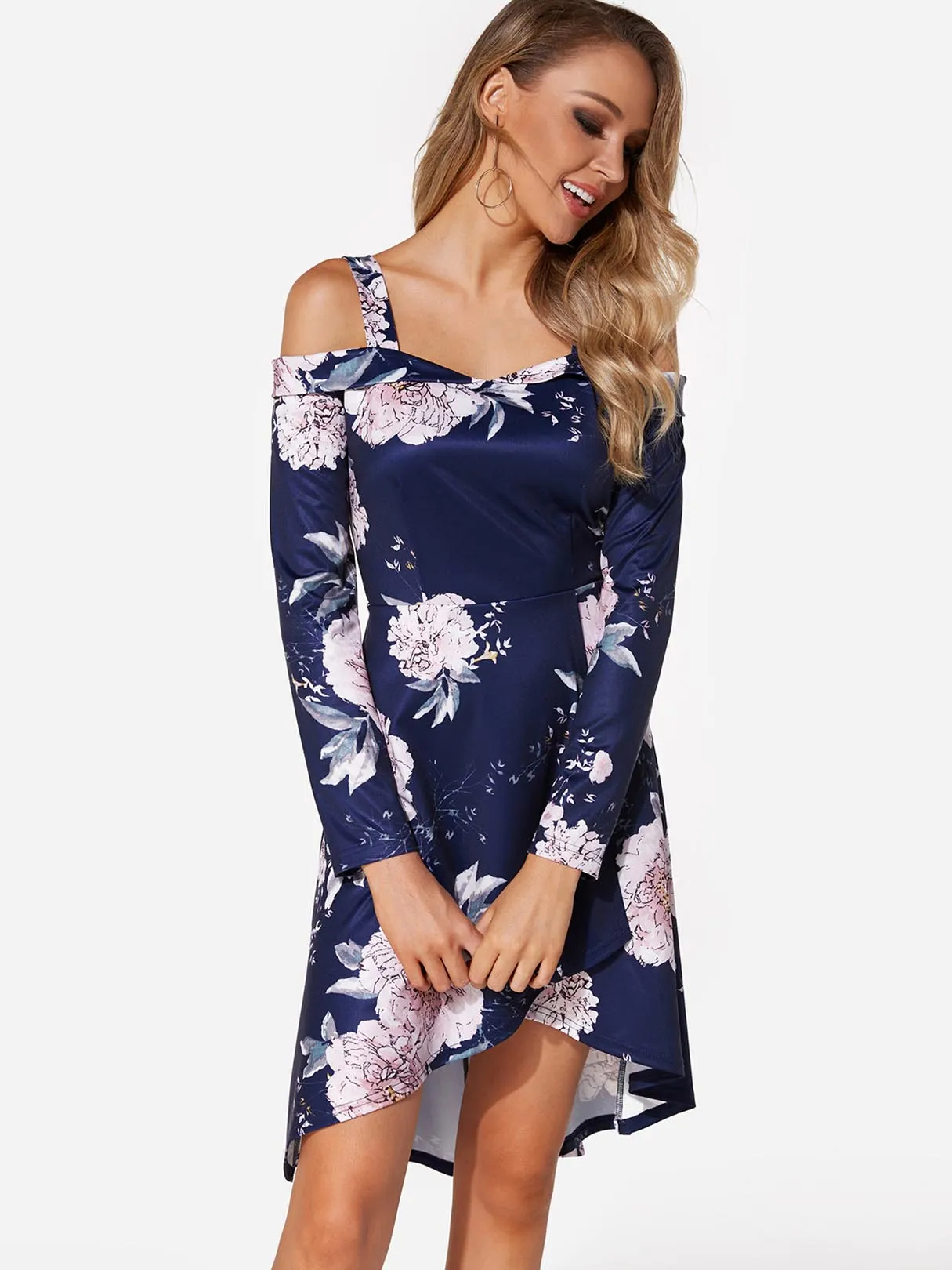 Wholesale Navy Cold Shoulder Long Sleeve Floral Print High-Low Hem Dresses