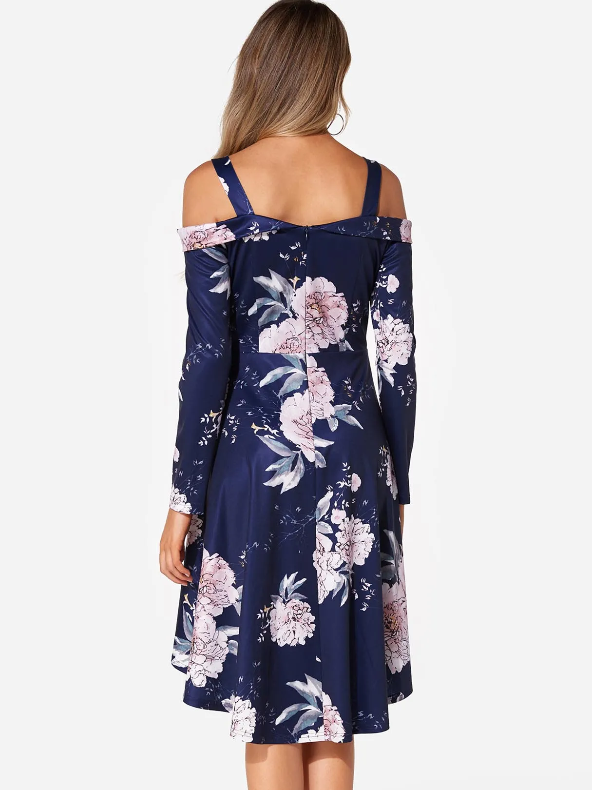 Wholesale Navy Cold Shoulder Long Sleeve Floral Print High-Low Hem Dresses