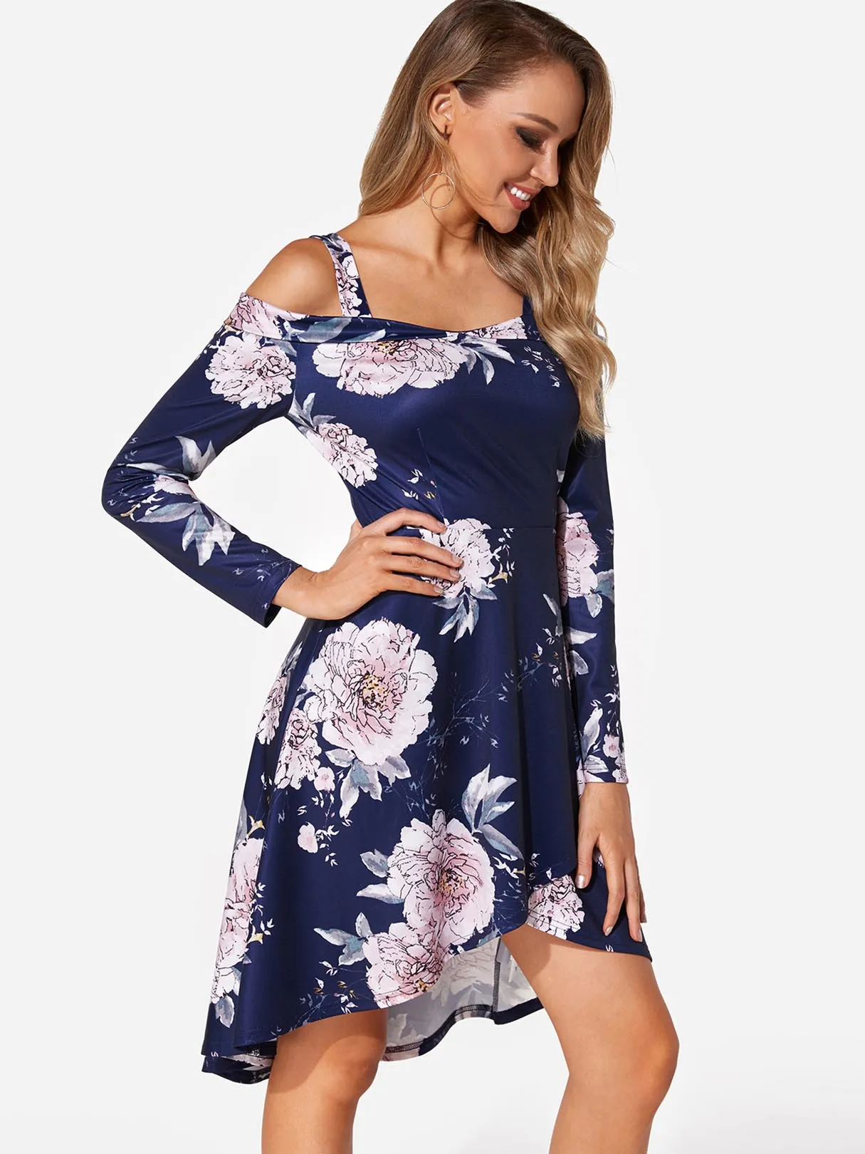 Wholesale Navy Cold Shoulder Long Sleeve Floral Print High-Low Hem Dresses