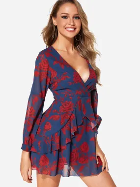 Wholesale Navy Deep V Neck Long Sleeve Floral Print See Through Self-Tie Wrap Flounced Hem Dresses