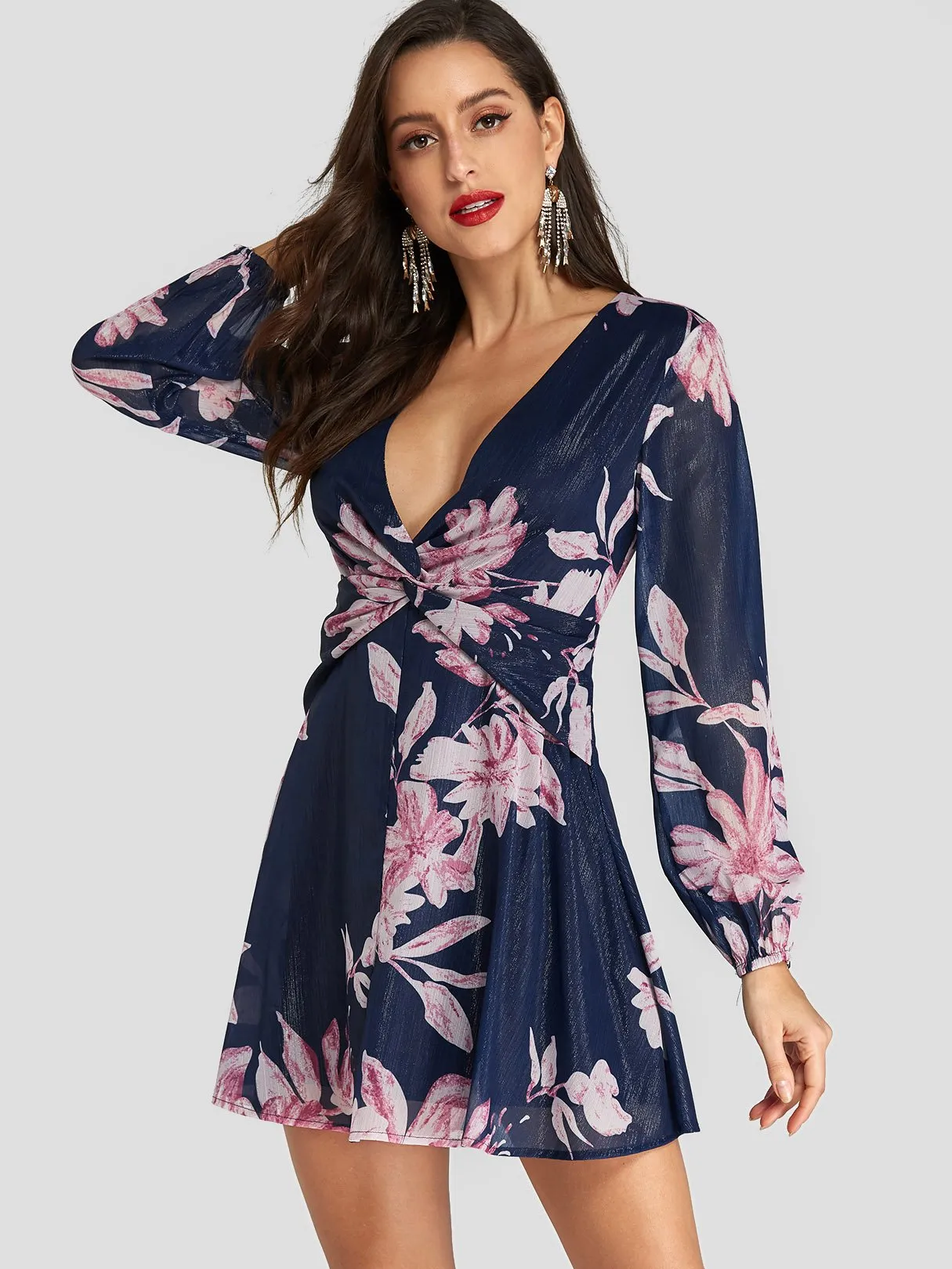 Wholesale Navy Deep V Neck Long Sleeve Floral Print Twist Dresses