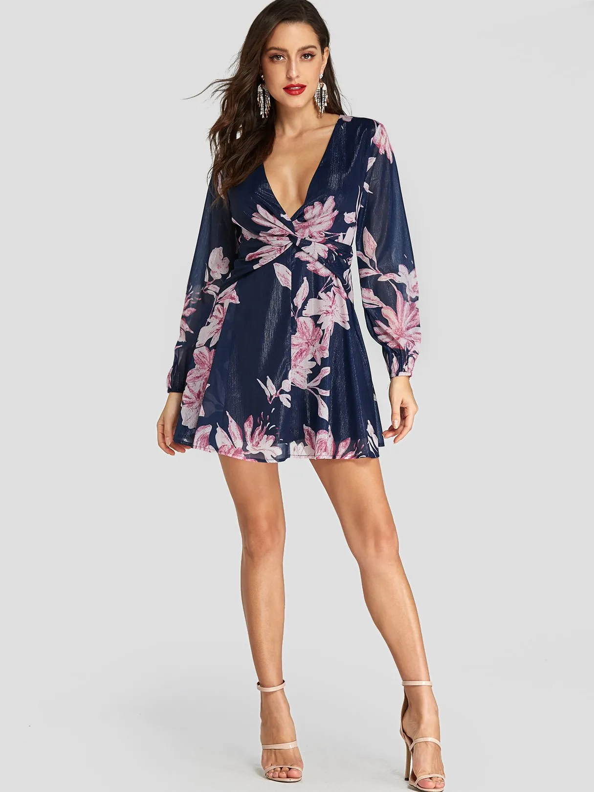 Wholesale Navy Deep V Neck Long Sleeve Floral Print Twist Dresses