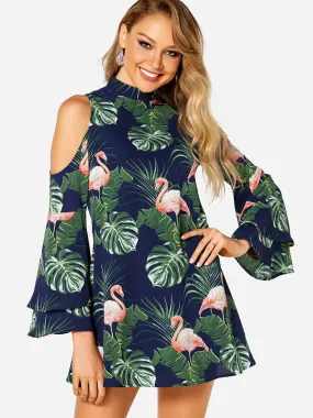 Wholesale Navy Long Sleeve Floral Print Zip Back Dresses