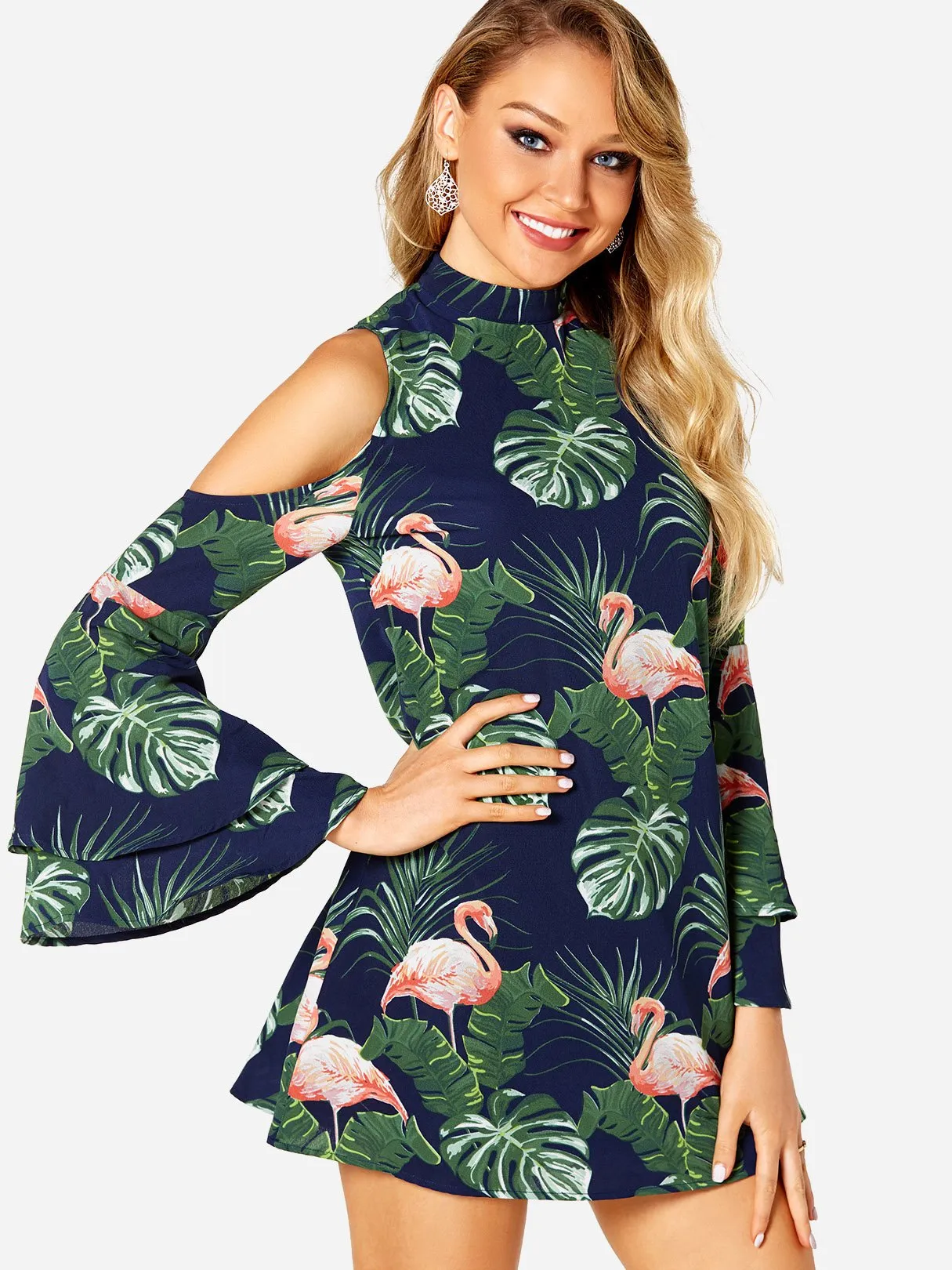 Wholesale Navy Long Sleeve Floral Print Zip Back Dresses