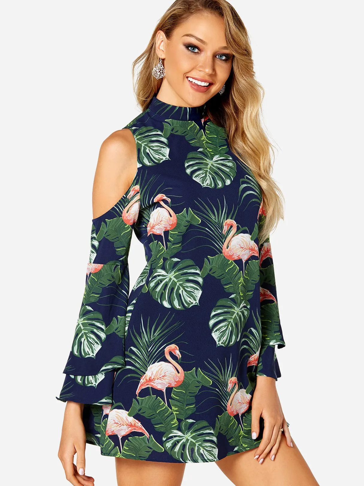 Wholesale Navy Long Sleeve Floral Print Zip Back Dresses