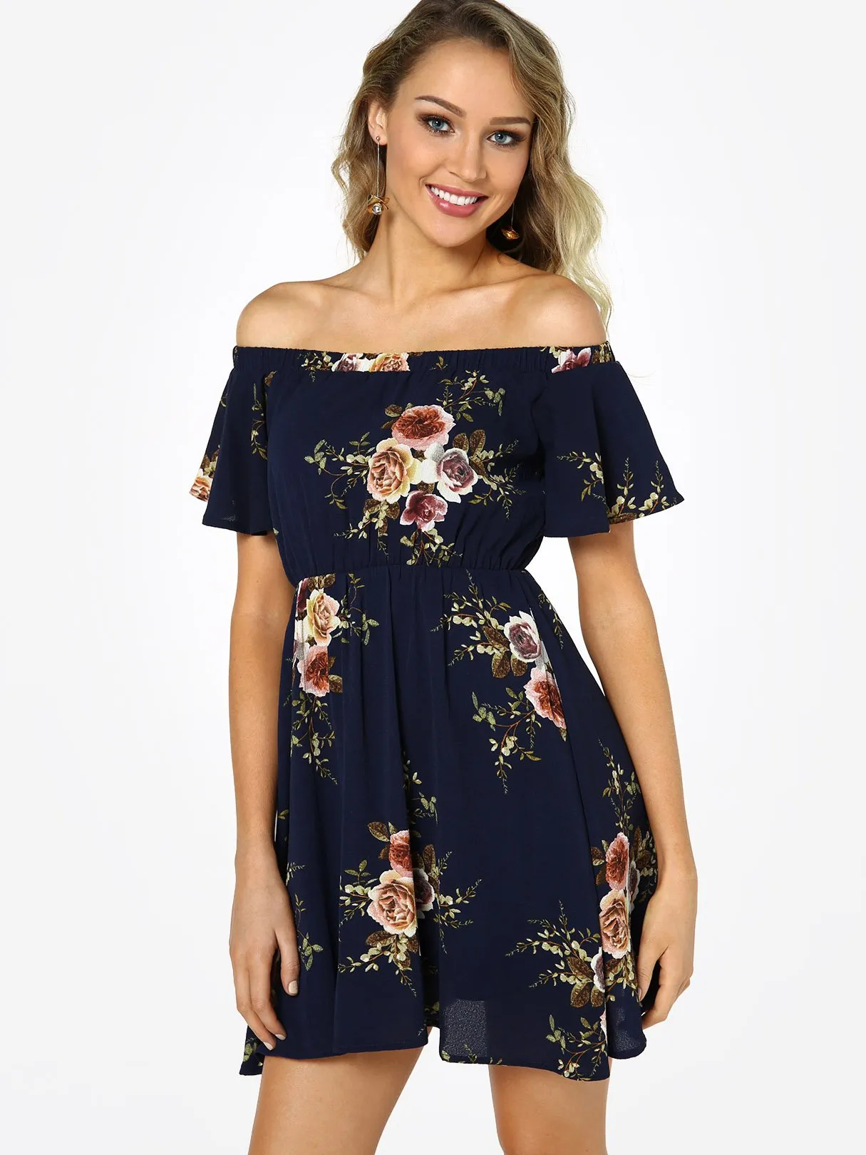 Wholesale Navy Off The Shoulder Short Sleeve Floral Print Flounced Hem Dresses