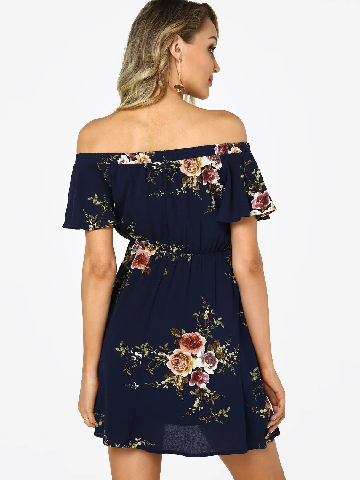 Wholesale Navy Off The Shoulder Short Sleeve Floral Print Flounced Hem Dresses