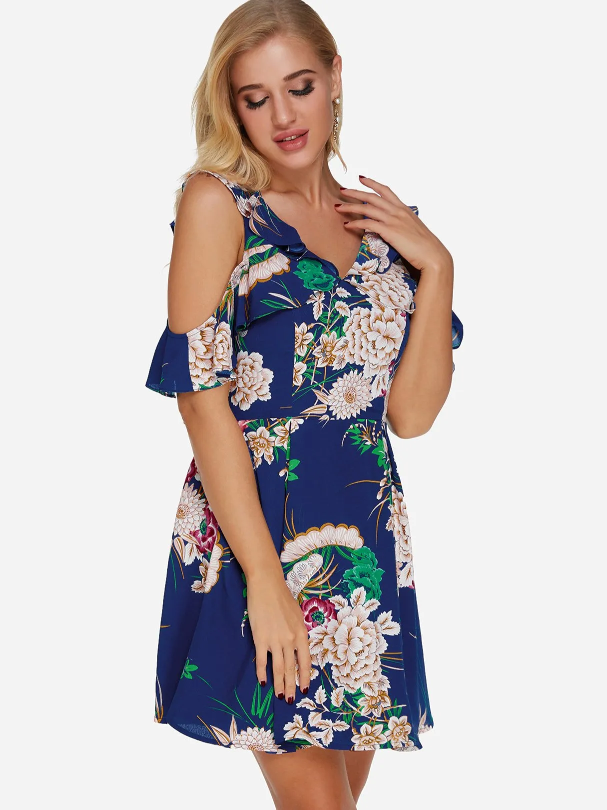 Wholesale Navy V-Neck Cold Shoulder Short Sleeve Floral Print Zip Back Backless Dresses