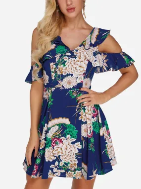 Wholesale Navy V-Neck Cold Shoulder Short Sleeve Floral Print Zip Back Backless Dresses