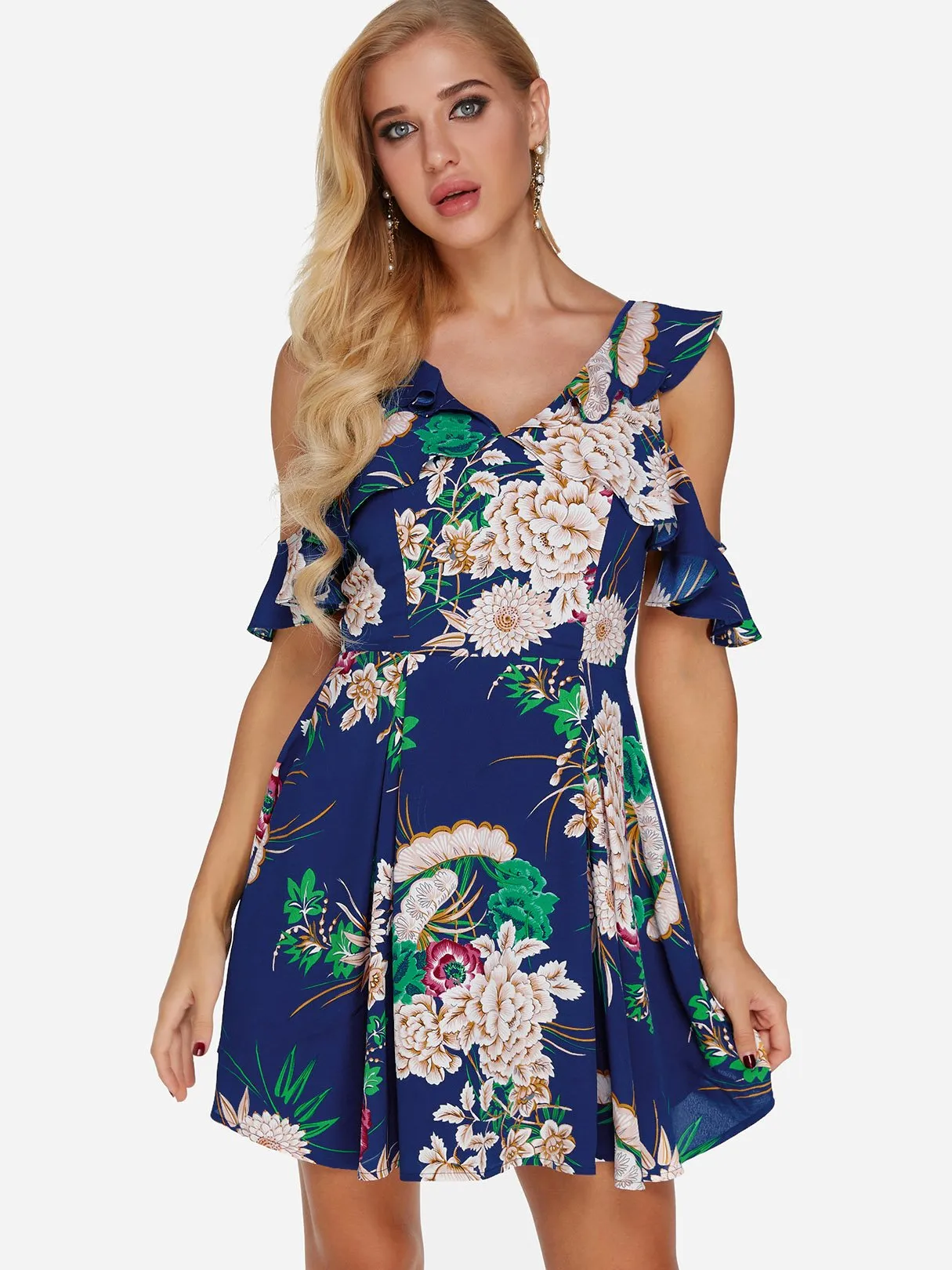 Wholesale Navy V-Neck Cold Shoulder Short Sleeve Floral Print Zip Back Backless Dresses