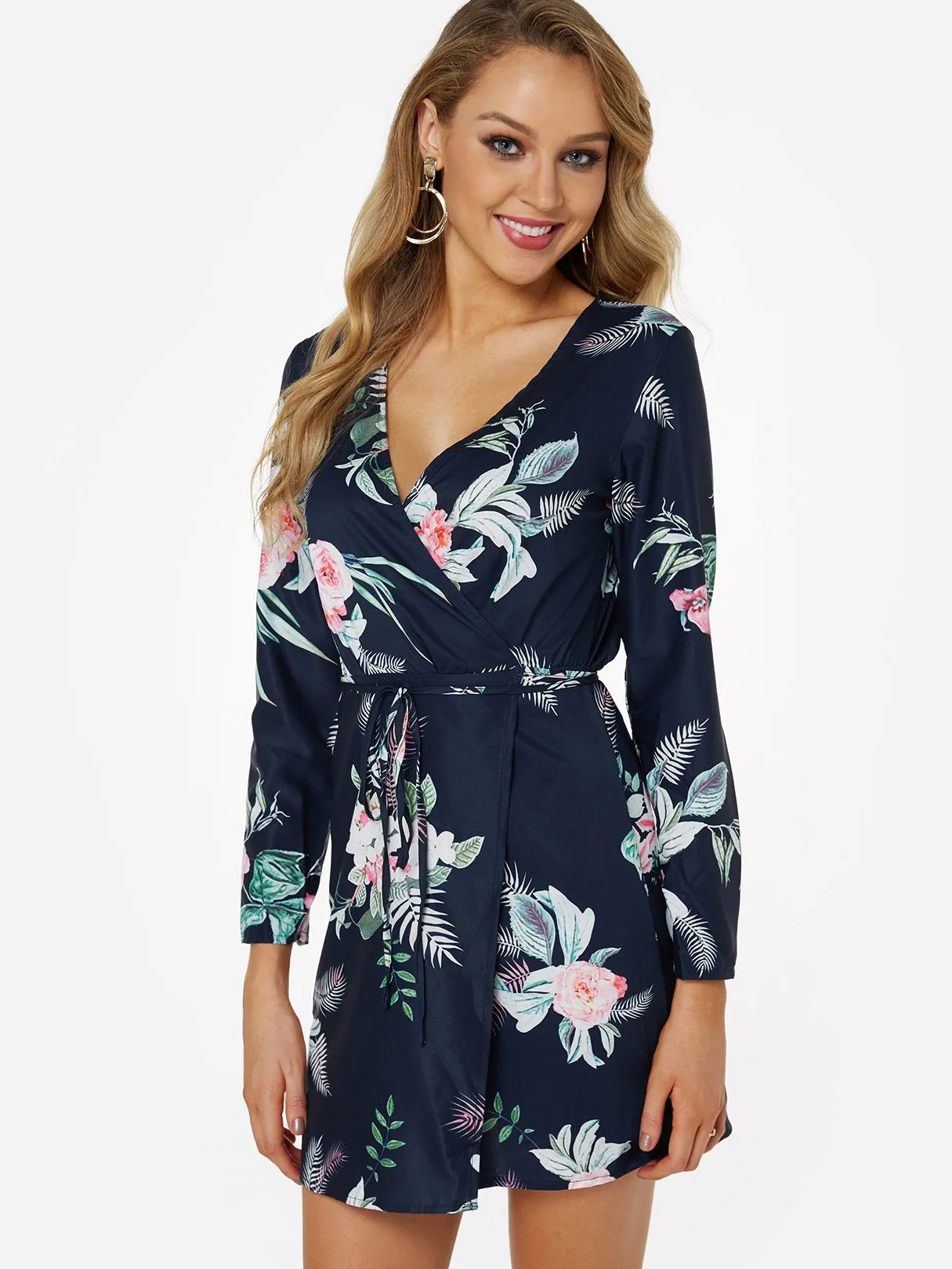 Wholesale Navy V-Neck Long Sleeve Floral Print Wrap Slit Hem Dresses