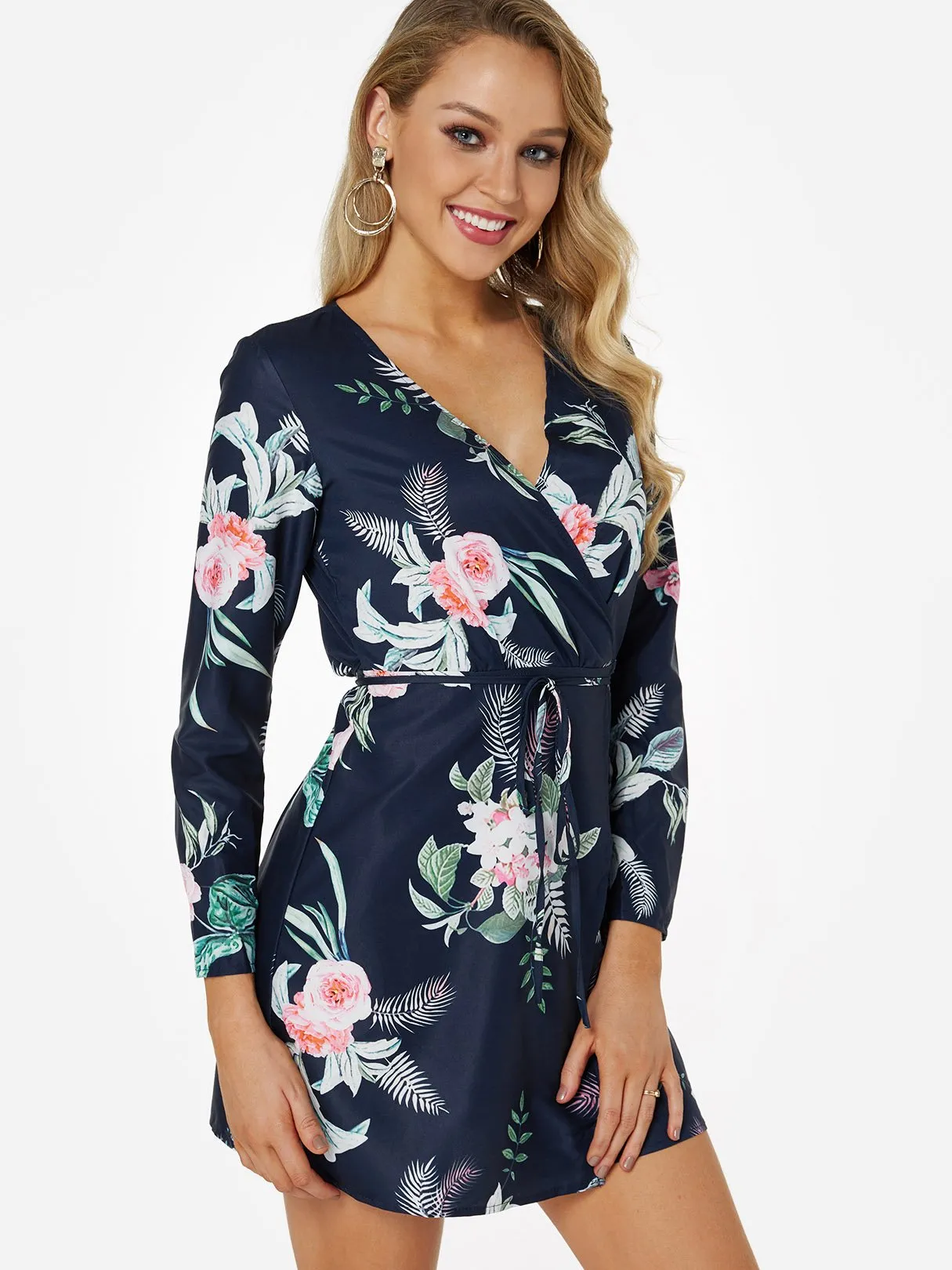 Wholesale Navy V-Neck Long Sleeve Floral Print Wrap Slit Hem Dresses