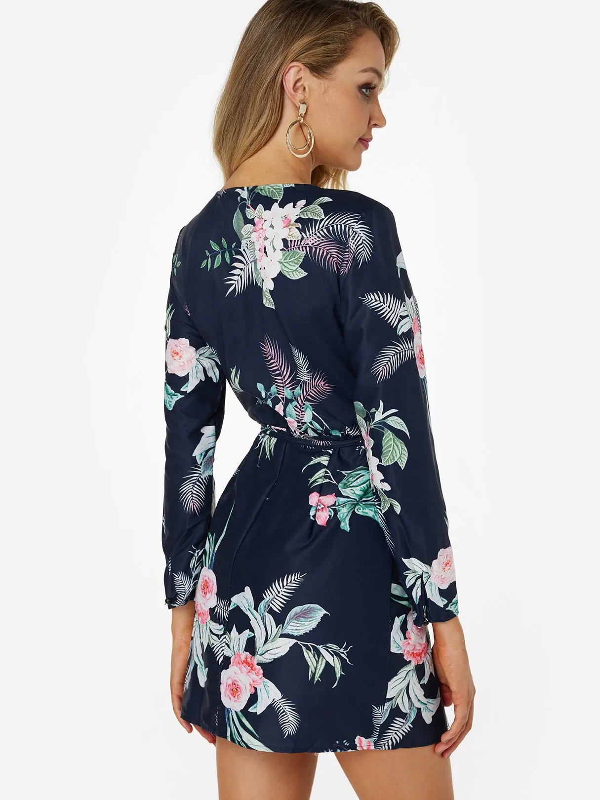 Wholesale Navy V-Neck Long Sleeve Floral Print Wrap Slit Hem Dresses