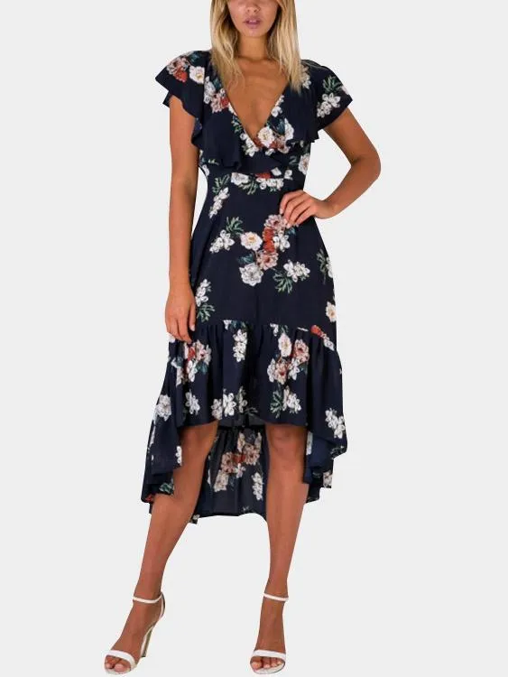 Wholesale Navy V-Neck Sleeveless Floral Print Backless Flounced Hem Dresses