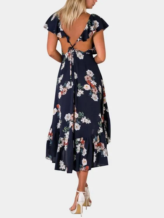 Wholesale Navy V-Neck Sleeveless Floral Print Backless Flounced Hem Dresses