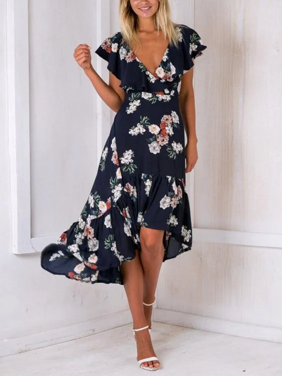 Wholesale Navy V-Neck Sleeveless Floral Print Backless Flounced Hem Dresses