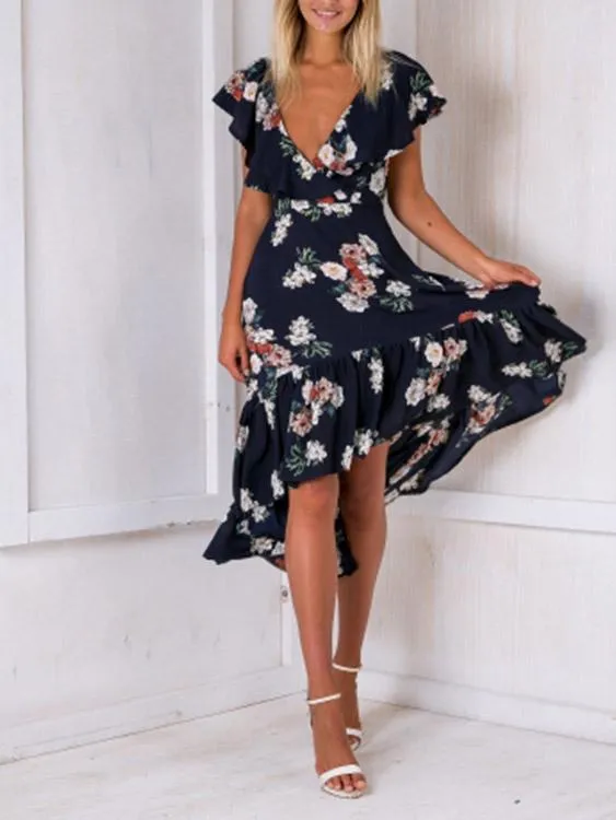 Wholesale Navy V-Neck Sleeveless Floral Print Backless Flounced Hem Dresses