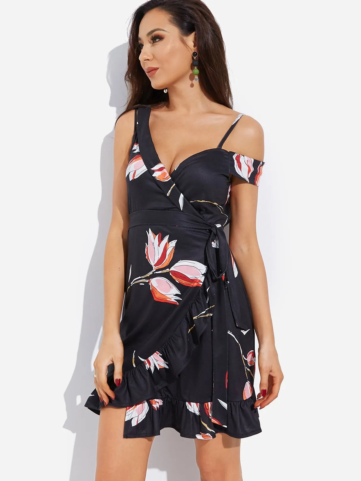 Wholesale Navy V-Neck Sleeveless Floral Print Wrap Dresses