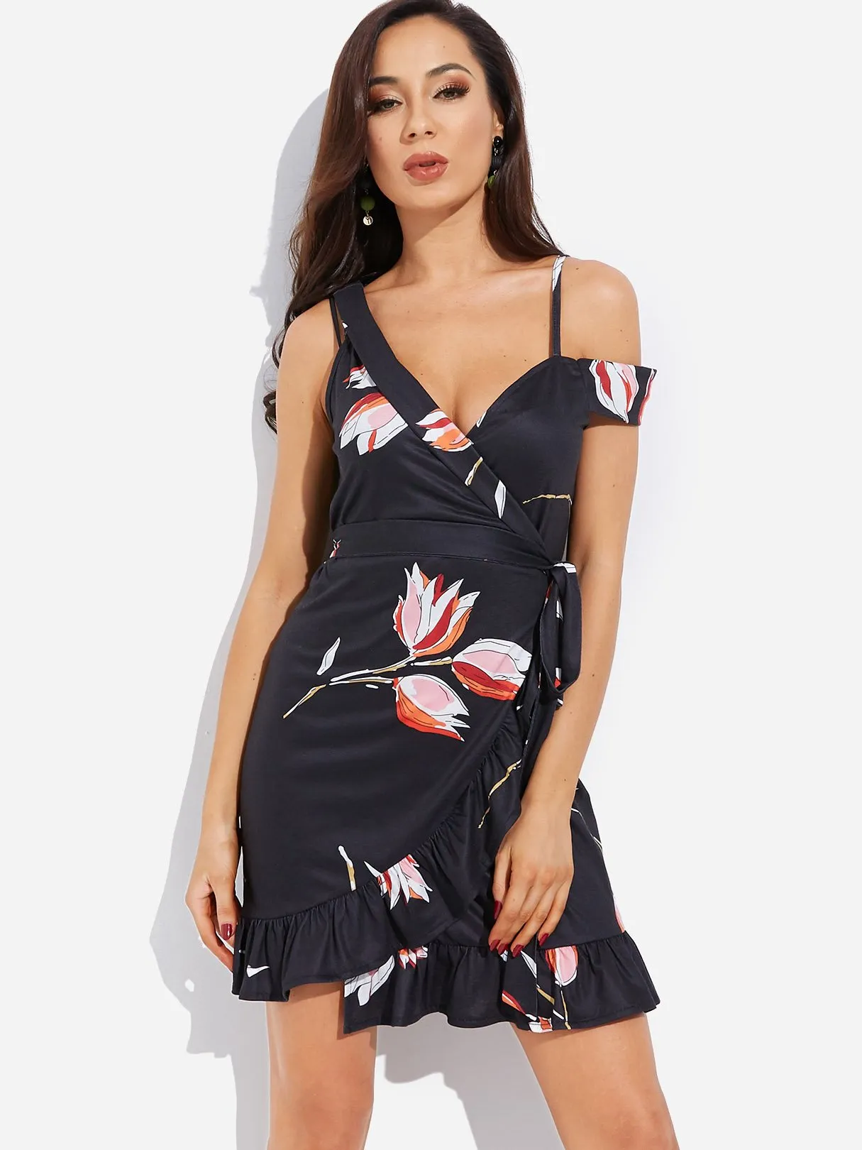 Wholesale Navy V-Neck Sleeveless Floral Print Wrap Dresses