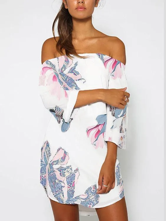 Wholesale Off The Shoulder 3/4 Length Sleeve Floral Print Curved Hem Dresses