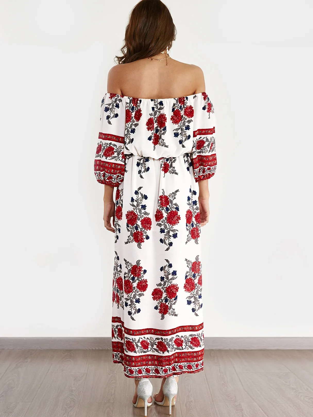 Wholesale Off The Shoulder 3/4 Sleeve Length Floral Print Slit Dresses