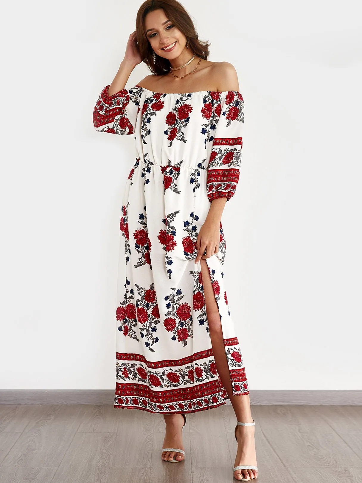 Wholesale Off The Shoulder 3/4 Sleeve Length Floral Print Slit Dresses