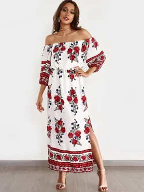 Wholesale Off The Shoulder 3/4 Sleeve Length Floral Print Slit Dresses